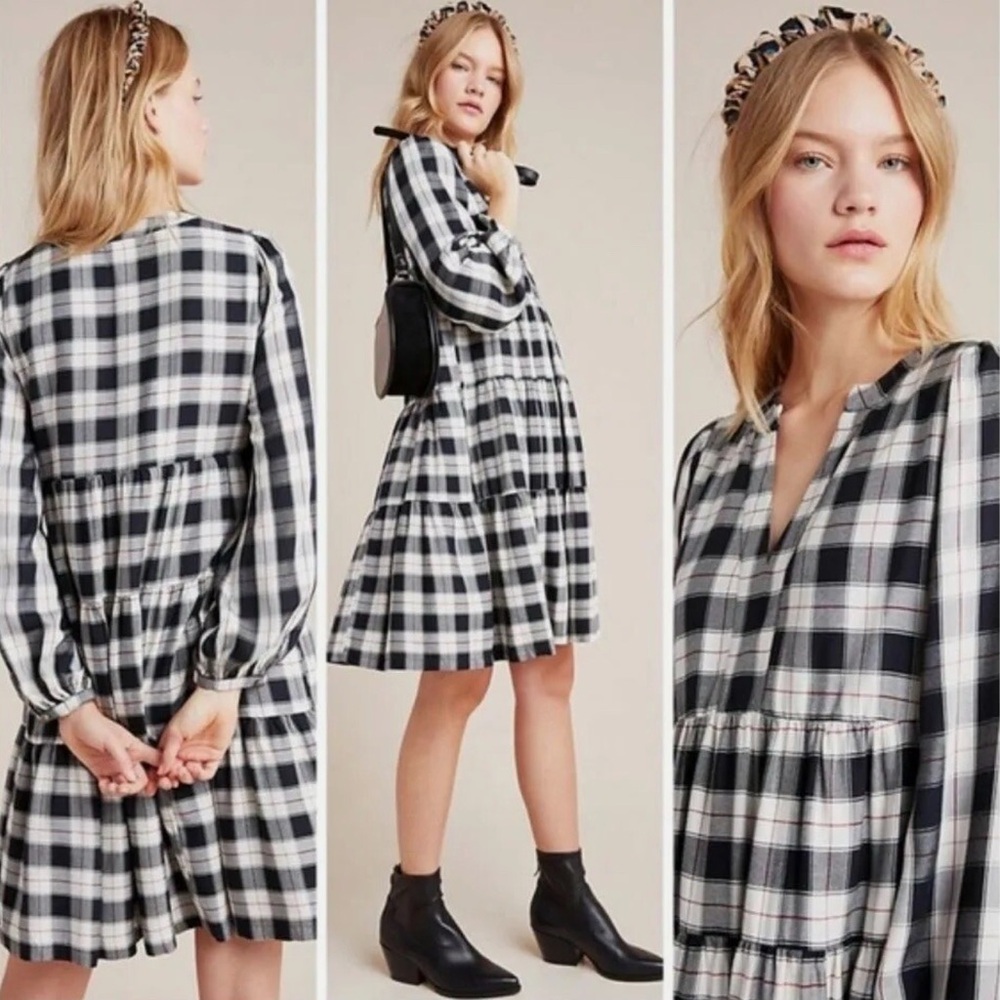 Anthropologie Maeve tiered dress, black, white, plaid,

Pullover, fully lined.